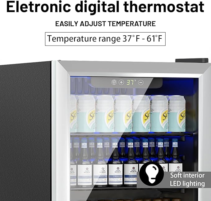 DOGHLY 1.7 Cu.ft Beverage Refrigerator Cooler, 72 Cans Mini Fridge with Glass Reversible Door, Digital Temperature Display for Soda, Beer or Wine For Office or Bar with Removable Shelves