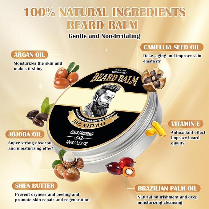Beard Balm for Men, 100% Natural with Shea Butter, Argan Oil, Jojoba Oil, Vitamin E - 3.53OZ Conditioner Softener Moisturizer