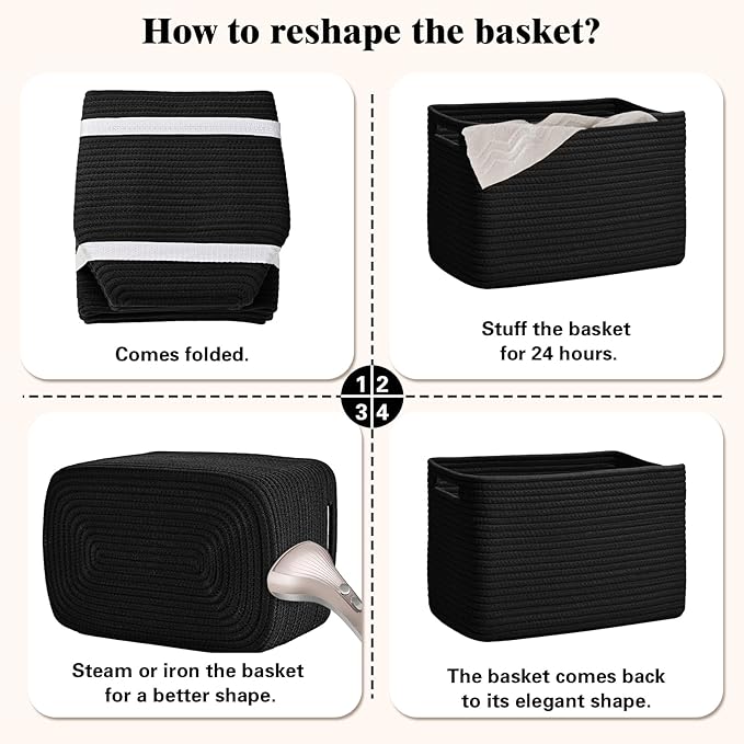 Storage Baskets for Organizing, 4 Pack Baskets for Shelves, Decorative Storage Bins for Shelves, Cotton Rope Storage Basket with Handles, Woven Basket for Storage, 13''Lx8.7''Wx7.9''H, Black