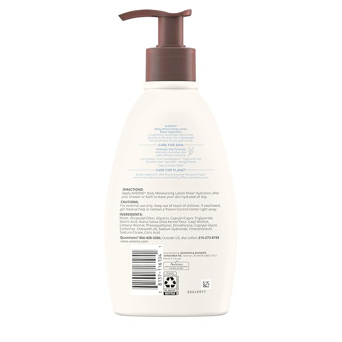 Aveeno Sheer Hydration Fragrance-Free Daily Moisturizing Lotion with Prebiotic Oat for Dry Skin, Lightweight, Fast-Absorbing Body Moisturizer Nourishes Skin with 48-hour Moisture, 12 fl. oz