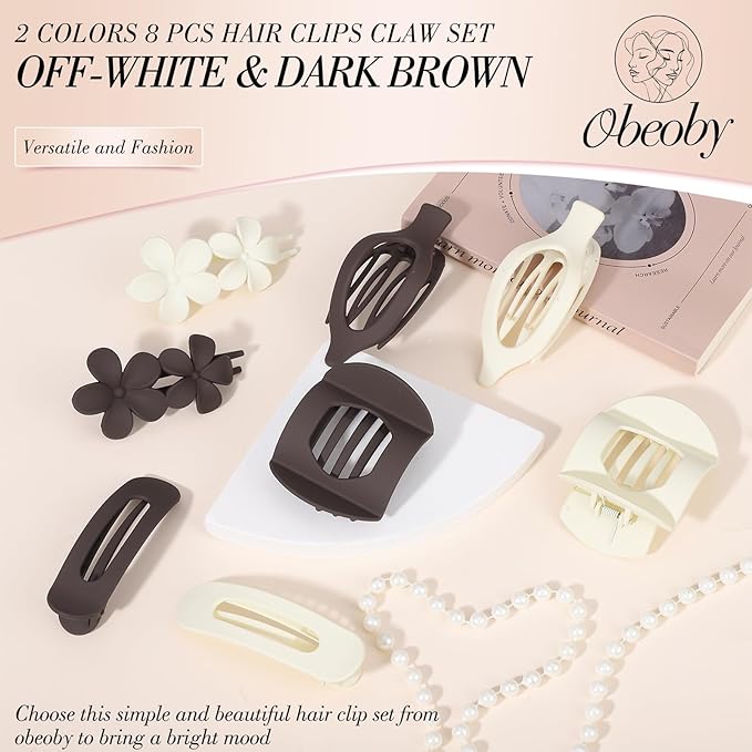 Obeoby 8 Pcs Flat Hair Clips for Women, 4 Types French Flat Claw Clips Hair Barrettes Accessories Large Medium (Beige, Dark Brown)