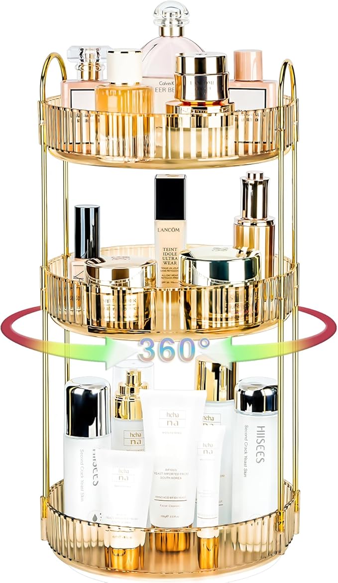 Niluks 360 Rotating Makeup Organizer - Large Capacity Spinning Perfume & Cosmetic Skincare Holder for Vanity & Countertop (Vibrant Orange, 3 Tier)