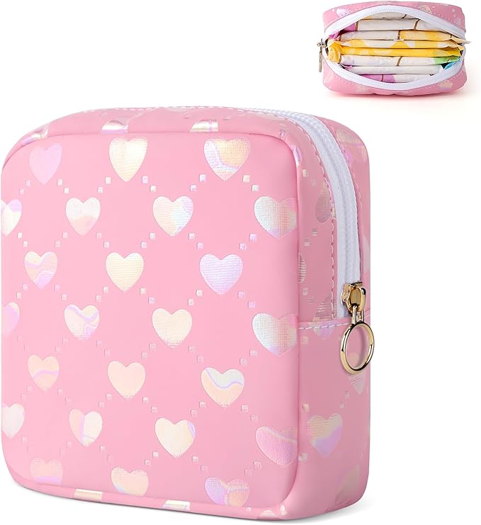 Likesing Period Bag Pouch, Leather Sanitary Napkin Storage Bag for Girls Womens, Portable Sanitary Napkin Period Pad Pouch Bag for Purse, Small Make Up Bags(Pink LOVE)