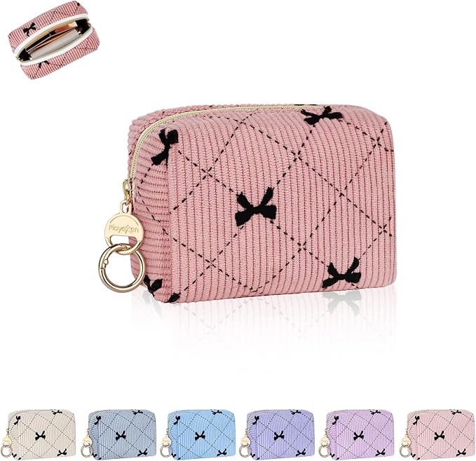 Playexen Mini Makeup Bag, Corduroy Small Cosmetic Bag for Purse, B-DPink