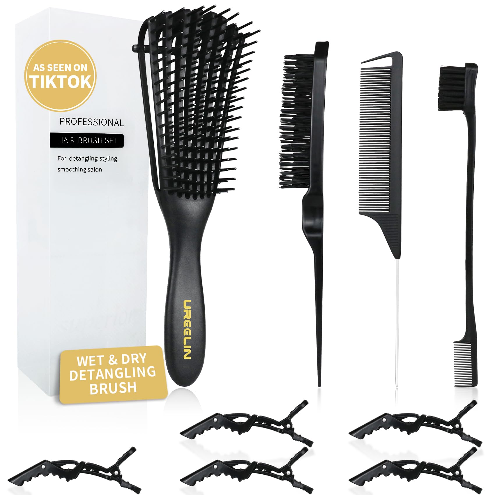 UREELIN Hair Brush Set for 3a,4c,Wig/Thick/Wavy/Curly/Slick Back Hair Brushes,Rat Tail Combs,8-Row,Edge Brush,For Detangling,Braiding,Teasing,Parting,Styling,Kids,Girls,women(Black)