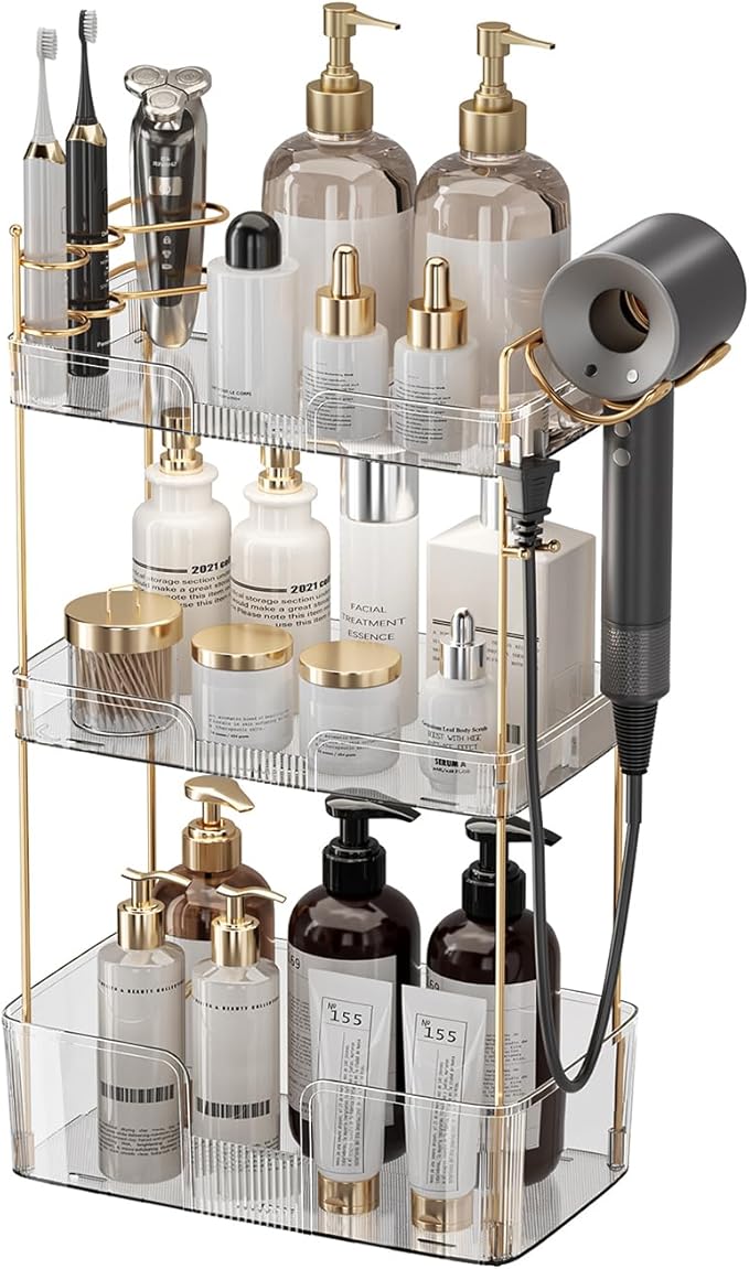 Aveniee Bathroom Counter Organizer Countertop, 3 Tier Makeup Perfume Storage with Hair Dryer Rack and Toothbrush Holder, Cosmetic Tray for Vanity - Clear