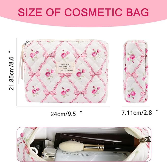 Gosect Floral Makeup Bag, Small Cosmetic Bag for Women Girls, Cute Cotton Makeup Bag, Quilted Makeup Bags, Flower Travel Toiletry Organizer Bag(Pink bow ties)