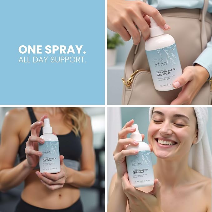 Eva Naturals Hypochlorous Acid Spray for Face & Body, HOCl Facial Mist & Skin Cleanser, Soothing Daily Spray for Redness, Irritation & Sensitive Skin, All Skin Types, 8 oz