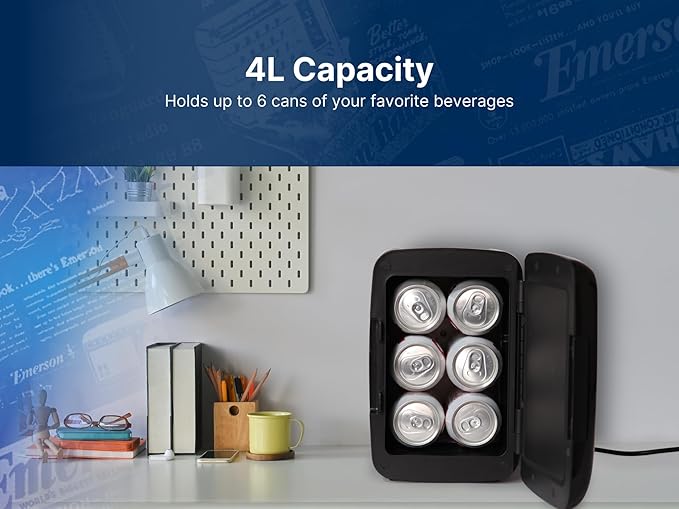 Emerson EFC-5000 Portable Mini Fridge Cooler for 6 Cans, Compact 4L Capacity, Lightweight Design, AC/DC Power Compatibility, and Removable Shelf – Perfect for Home, Office, Dorms, and Travel, Black