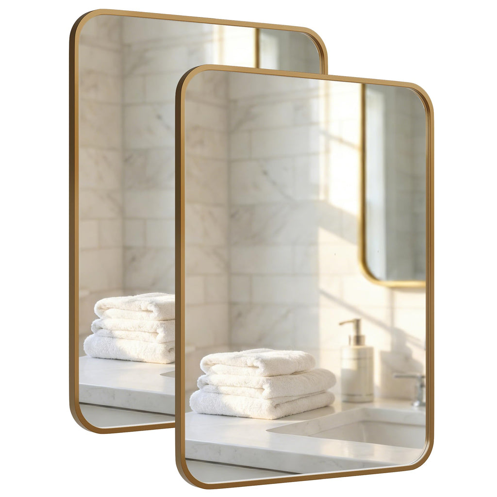 Pocetry 2-Pack 24x36 Inch Antique Gold Rounded Rectangle Vanity Mirrors