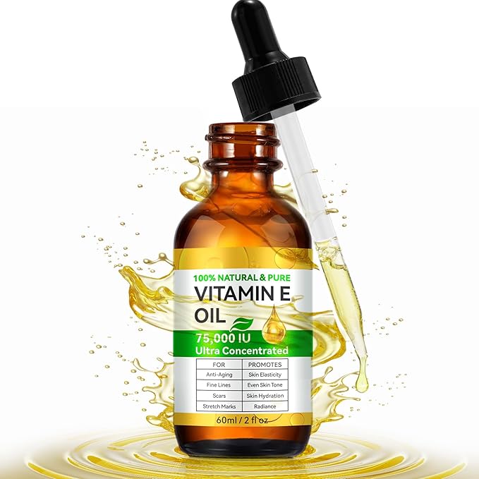 Pure Vitamin E Oil, 75,000 IU Ultra Concentrated & Natural for Smoothing Marks & Wrinkles & Moisturizing Skin & Hair & Cuticles, Cold Pressed/Hexane Free/Non-GMO, 60ML/2Fl Oz