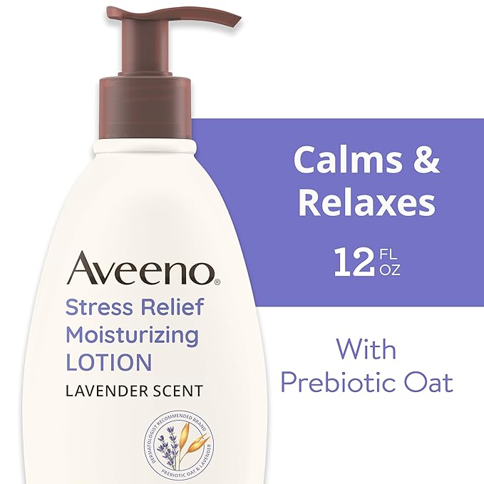 Aveeno Stress Relief Moisturizing Body Lotion with Prebiotic Oat & Lavender Scent for Sensitive Skin, Calms & Relaxes with 48 Hour Hydration, Fast Absorbing & Non-Greasy, 12 fl. oz