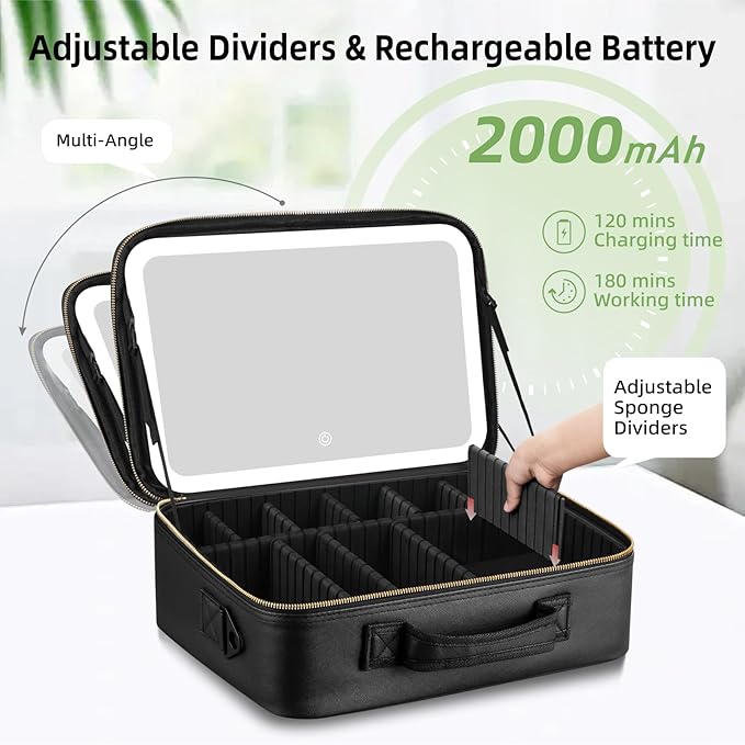 Suupvaor Upgraded Large Travel Makeup Bag with LED Mirror, 15” Makeup Case