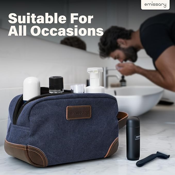 emissary Men's Toiletry Bag, Leather and Canvas Travel Toiletry Bag, Dopp Kit for Men, Travel Bathroom Bag Men's Shaving Kit, Travel Kit Small Bags for Men, Shaving Bag for Travel Accessories (Blue)