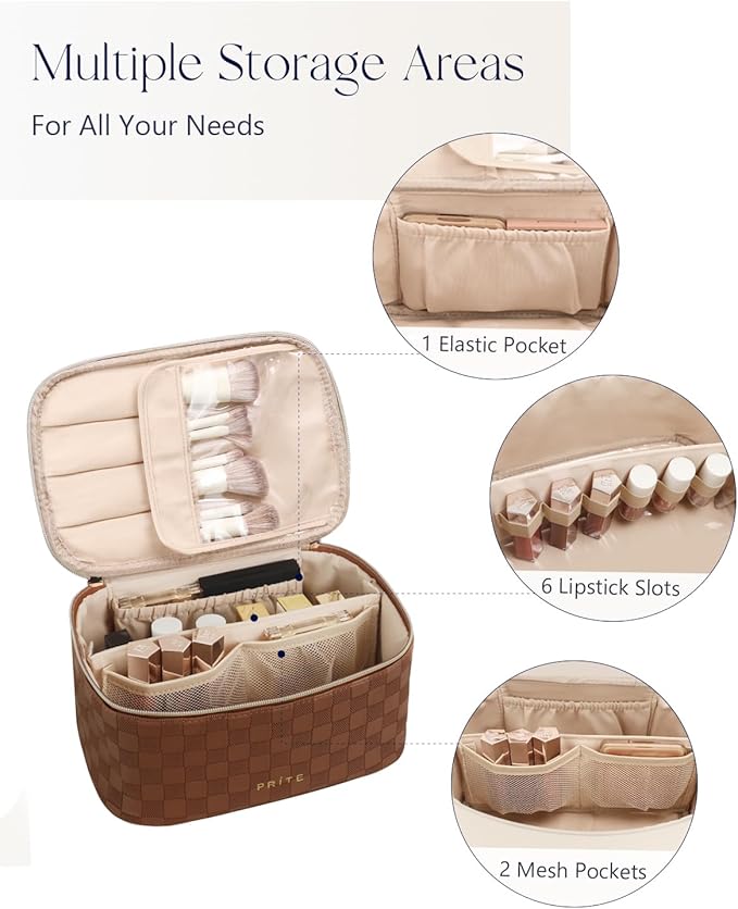 Prite Makeup Bag, Large Capacity Cosmetic Bag for Women and Girls, Waterproof PU Leather Travel Case with Handle, Divider for Skincare and Brushes - Checkered Brown