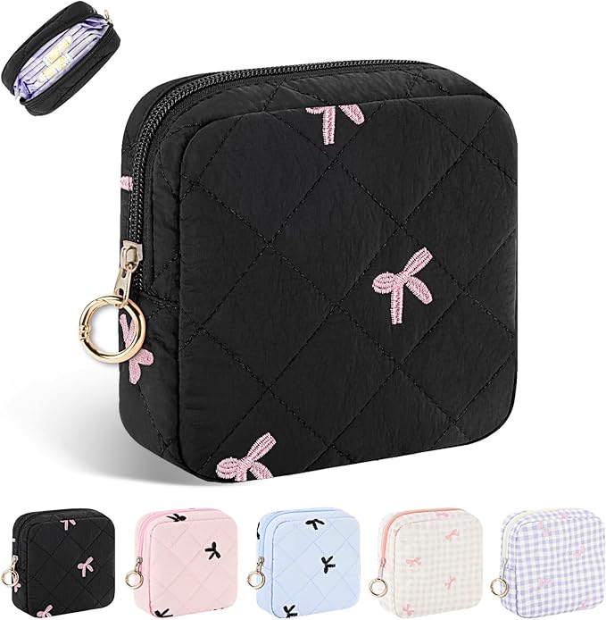 Playexen Period Bag for Teen Girls, Quilted Sanitary Napkin Storage Bag, Cute Bow Tie Menstrual Pad Pouch Tampon Holder (Black)