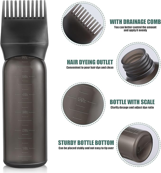 Pimoys 6Oz Root Comb Hair Dye Oil Applicator Bottles for Scalp, Black