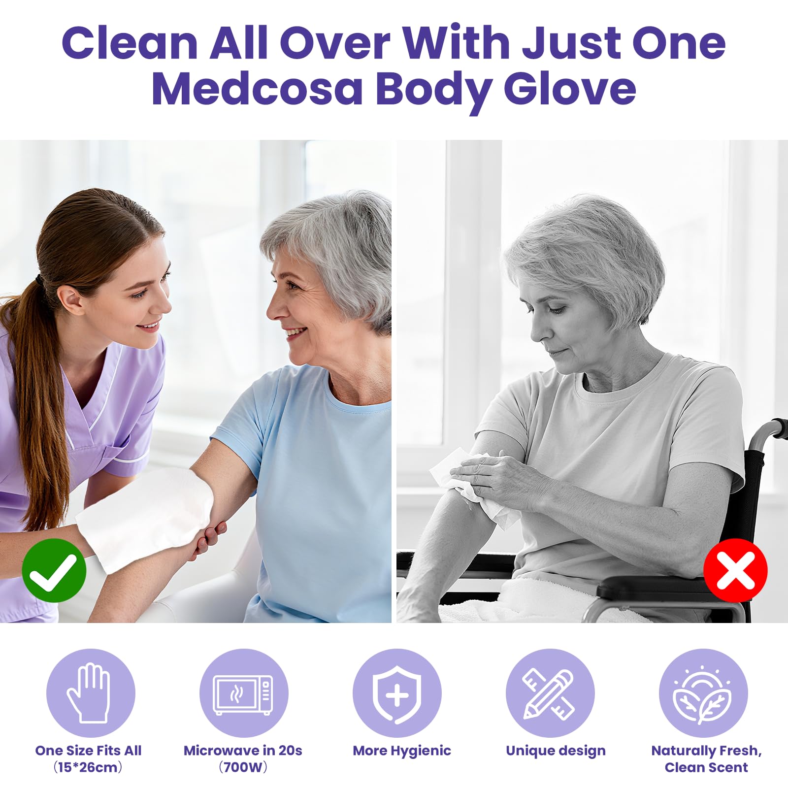 Medcosa Adult Washcloths - Unique Disposable Body Wipes Shaped Like a Glove - Unscented, Premoistened Wet Wipes - 5 Pack (50 Wash Cloths)