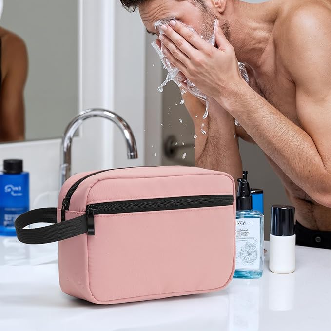 XIRYOHEAUR Travel Hanging Toiletry Bag with Carry Handle - Water-Resistant Small Cosmetic Organizer for Men & Women, Makeup, Shaving Kit, Gym & Travel Essentials (Dusty Pink)