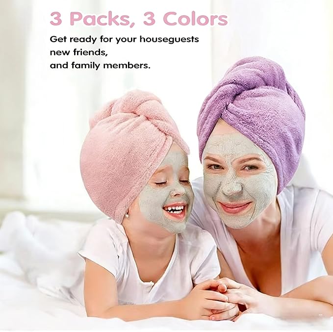 3 Pack Microfiber Hair Towel Wrap for Women, Fast Drying Hair Turban with Button, Anti-Frizz Large Hair Towel for All Hair Styles, Soft & Absorbent Hair Drying Towel