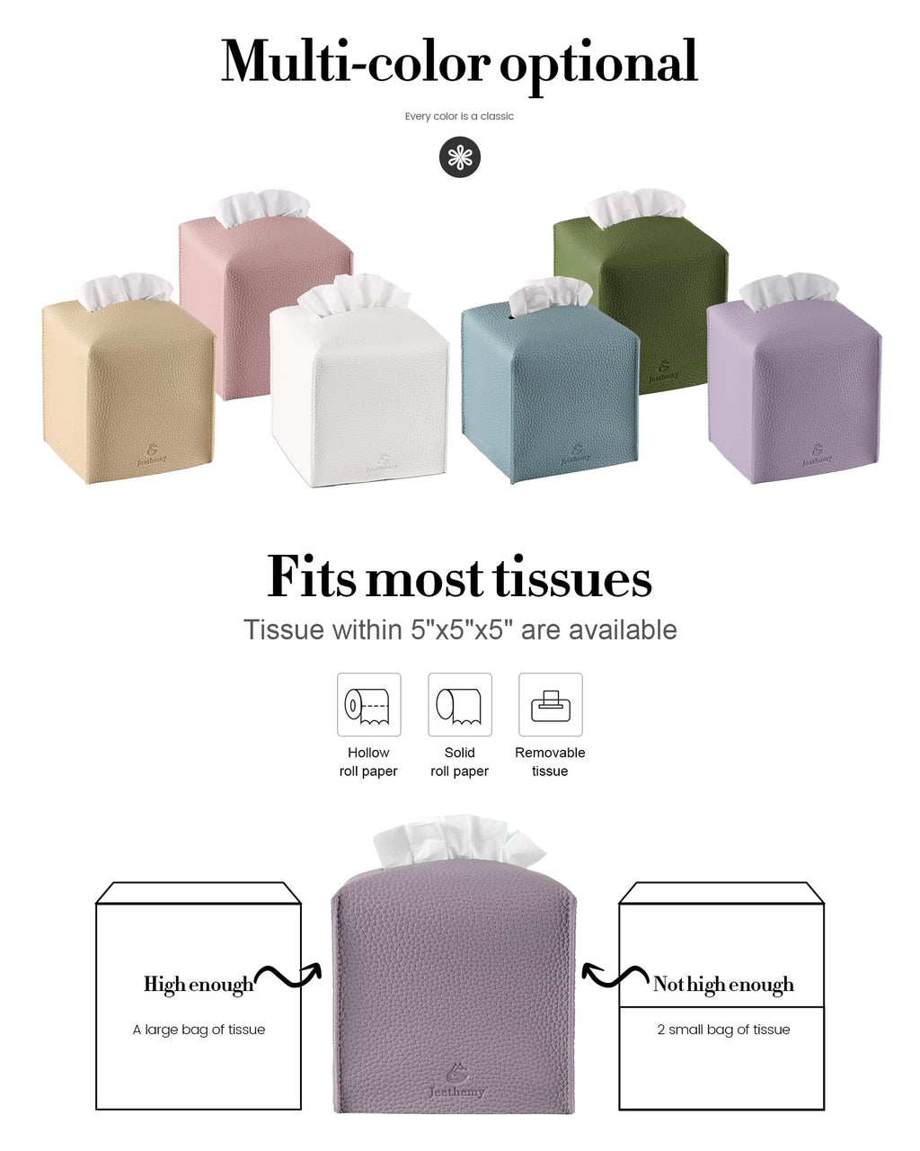 Tissue Box Cover, Jeethemy Square PU Leather Tissue Box Holder, Modern Tissue Case Facial Paper Organizer Dispenser，5X5X5'',Single Purple