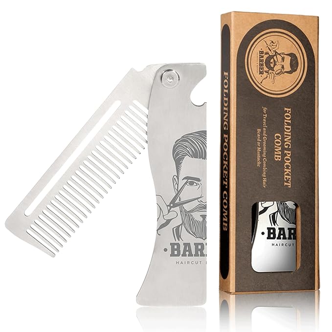 Metal Beard Comb for Men, Folding, 201 Steel, Laser-Etched Handle, 0.17lb