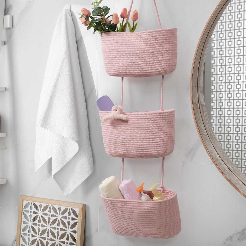 TeoKJ Over the Door Hanging Basket, 3-Tier Woven Cotton Wall-Mounted Storage Organizer Bag Decorative Hanging Nursery Baskets, Pink