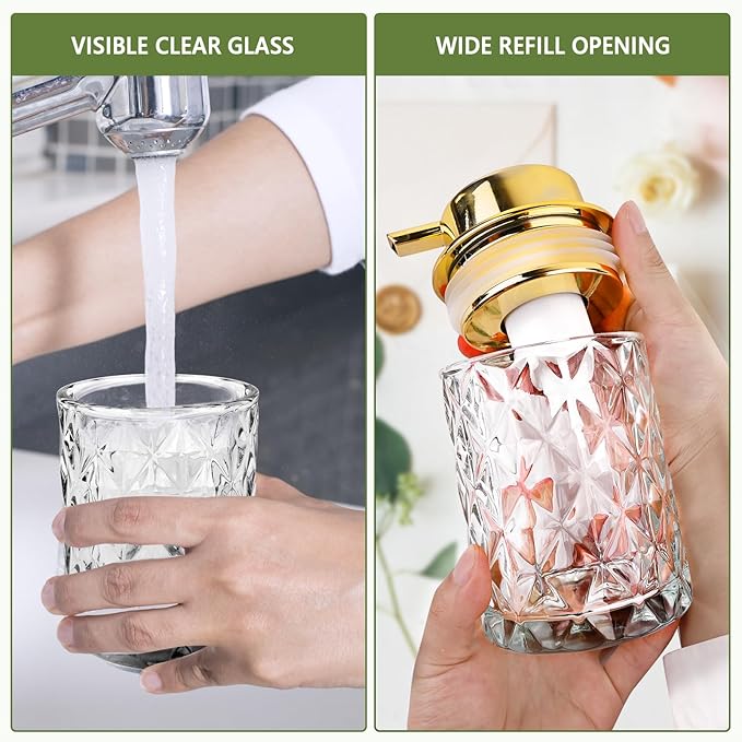 Glass Foaming Soap Dispenser Refillable Foaming Hand Soap Dispenser with Gold Large Pump Wide Opening for Bathroom Kitchen Countertop Modern Home Decor with Elegant Pattern - Clear