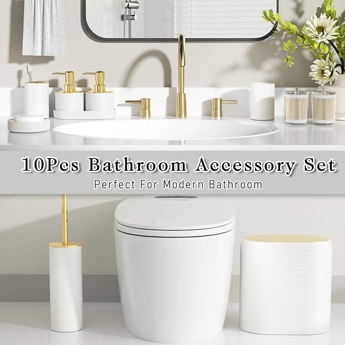 InnJoey Bathroom Set, 10PC Bathroom Accessory Set, White Bathroom Accessories, White and Gold Bathroom Set with Trash Can, Soap Dispensers