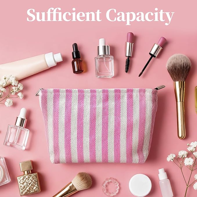 itgowisa Pink Striped Makeup Bag, Travel Makeup Pouch for Women, Purse