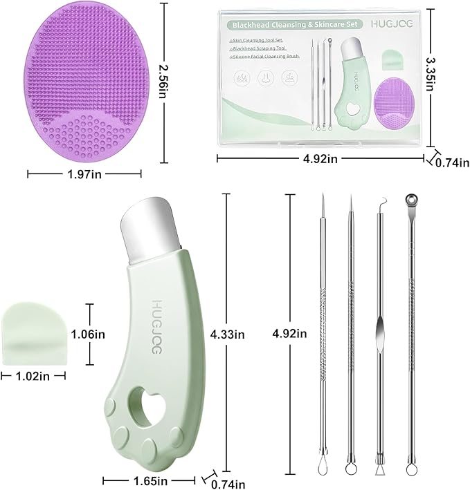 HUGJOG Blackhead Remover Tools for Face, Black Head Remover for Nose, 304 Stainless Steel Pore Extractor Spatula for Deep Pore Cleaning with Soft Silicone Cleansing Brush & 4 Blackhead Needles
