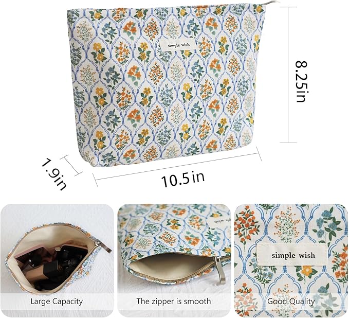 Wudygirl Cute Makeup Bag for Women - Travel Cosmetic Bag with Zipper Makeup Pouch Floral Make up Organizer Handbag Aesthetic (Blue Striped Floral)