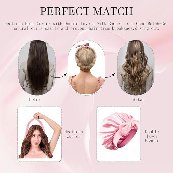 Heatless Hair Curler and Double Layer Satin Bonnet Set for Overnight Curls - No Heat Curling Rod with silk Bonnet, Sleep-In Safe for Long/Medium Hair, Frizz-Free Waves & Volume(Pink)