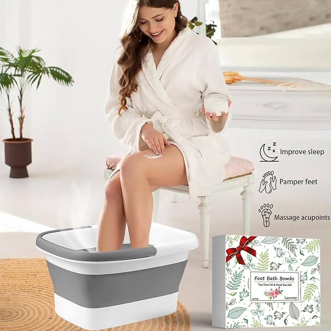 Lanwexy Foot Soaking Tub,Collapsible Bucket,Foot Spa,Foot Bath 16 Pack Foot Soak with Bath Salt and Tea Tree Oil.Foot Bath Soak Tub,Foot Balls for Feet Callus, Dry Cracked, Stubborn Feet Odor Scent.