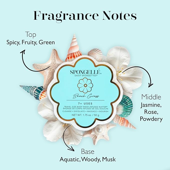 Spongellé Beach Grass Daisy Spongette Bath Sponge | Built-in Body Wash & Body Scrubber, Shower Loofah Sponge for Women, Travel Essentials | 7+ uses
