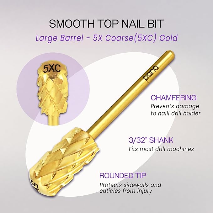 PANA 3/32" Large Smooth Round Top Safety Carbide Nail Drill Bit for Gel Polish & Acrylic Removal Nail Salon Manicure Pedicure Electric File Tools (Large Barrel - Gold, 5X Coarse)