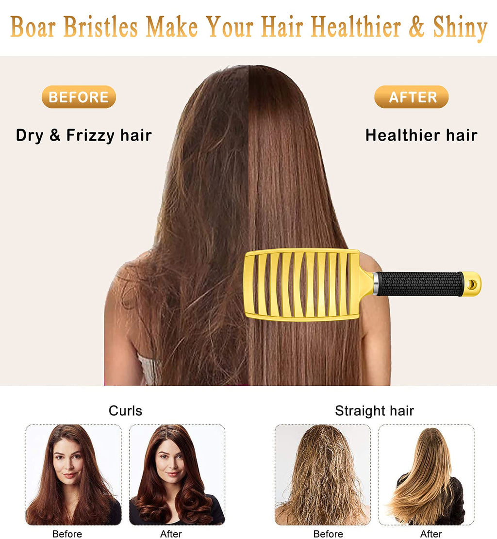 KTKUDY Detangling Brush Getting Knots Out without Pain - Boar Bristles HairBrush Make Hair Shiny & Healthier Vented Detangler Brush for Women Men Kids Wet and Dry Hair (Yellow & Green)