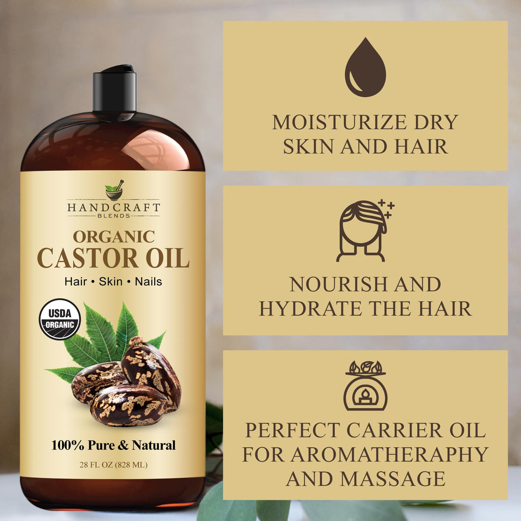 Handcraft Blends Organic Castor Oil 28 Fl Oz | 100% Pure and Natural | Premium Grade Carrier Oil | Hair, Eyelashes and Eyebrows | Hair and Body | Expeller-Pressed | Hexane-Free