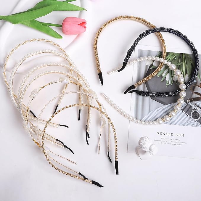 Pearl and Metal Headbands - Beaded No Slip Hair Accessories for Women and Girls, 10 Pack