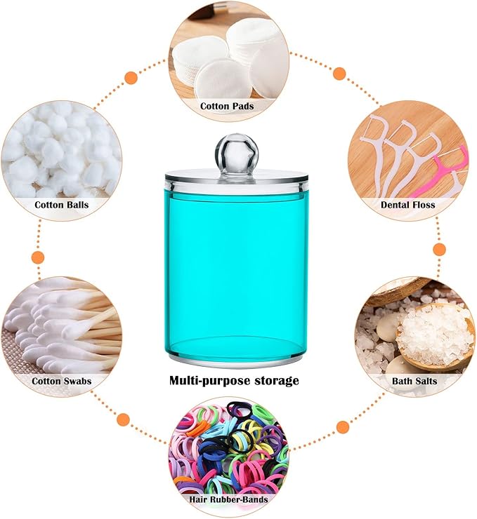 Teal Green Qtip Holder Organizer Dispenser Cotton Swabs Cans Plastic Jars with Lid Set 2 Pack Bathroom Storage Canister for Cotton Ball Floss Cotton Pads