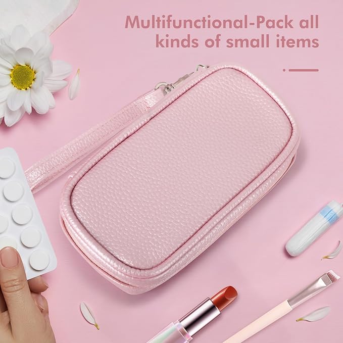 Teircno Portable Tampon Organizer, Beige PU Pouch with Handle and Zipper for Women's Period Bags