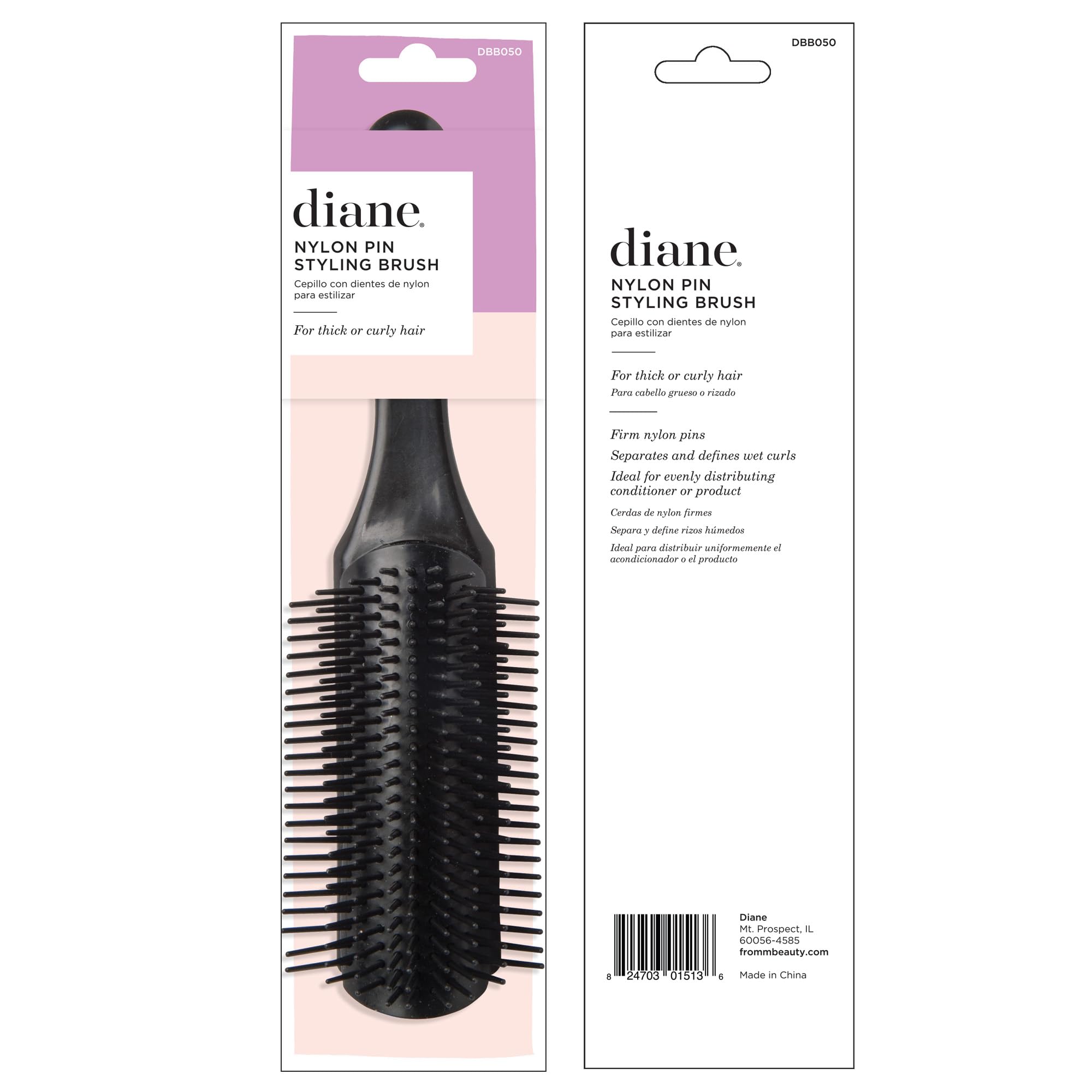 Diane Nylon Pin Styling Hair Brush for Detangling, Separating, Shaping and Defining Wet Thick or Curly Hair, Glides Through Tangles with Ease