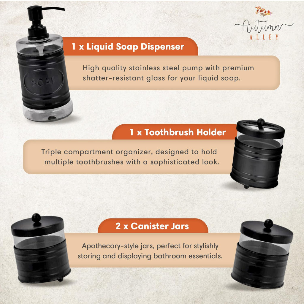 Autumn Alley Farmhouse Matte Black Bathroom Accessories Set (4 PCS) - Lotion Soap Dispenser, Black Toothbrush Holder Set, 2 Glass Apothecary Jars (Qtip Holder) - Rustic Bathroom Accessories Set