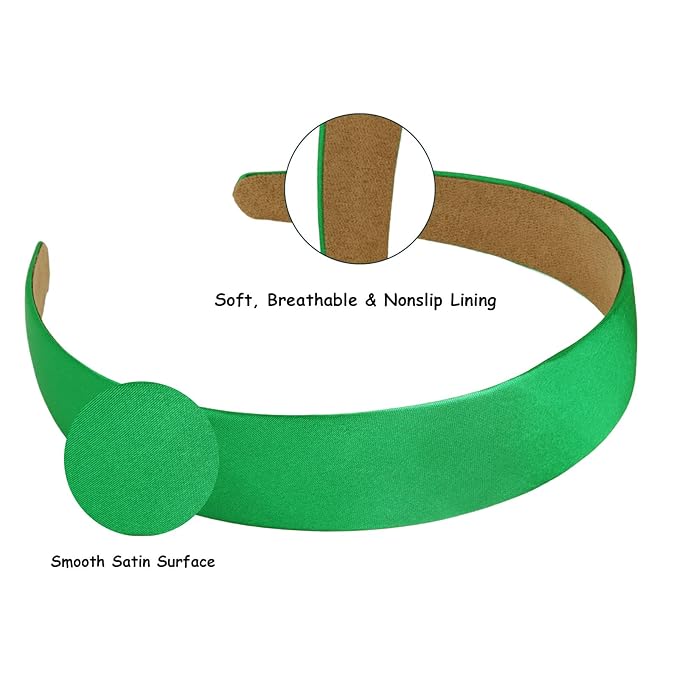 Wecoe 10 Pack Green Headbands 1 Inch Wide Satin Headbands Women Non Slip Fashion Plain Head Bands Solid Hair Bands DIY St. Patrick's Day Hair Accessories for Women Girls Diademas Para Mujer