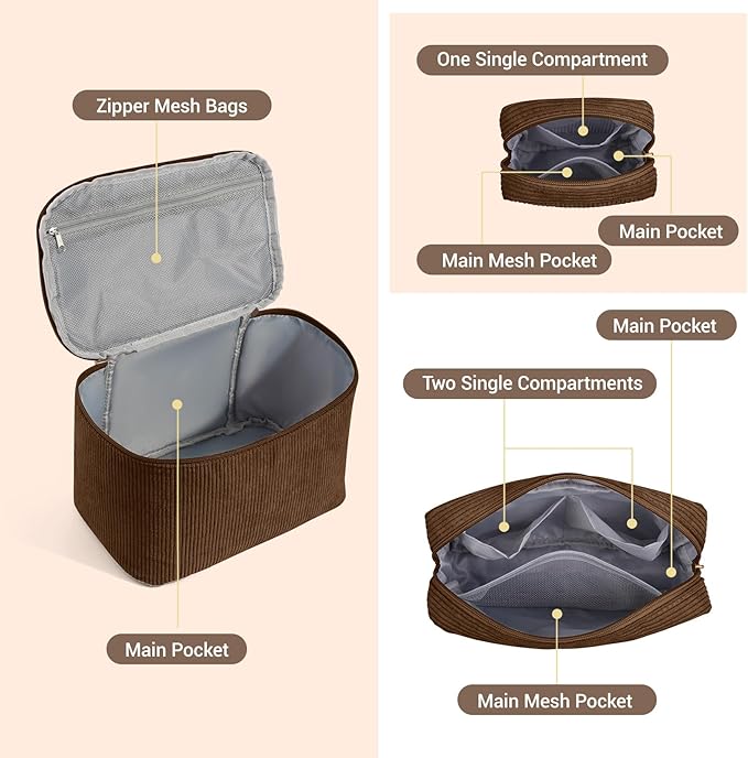 MAGEFY Makeup Bag, 3 Pcs Cosmetics Bag Large Capacity with Handle Make Up Bag for purse Corduroy Bag Pouch for Purse Organizer Bag-Brown