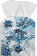 Blue Marble Flower Tissue Box Holder Waterproof PU Leather Square Modern Tissue Box Cover with Metal Button Napkin Holder for Home Office Car