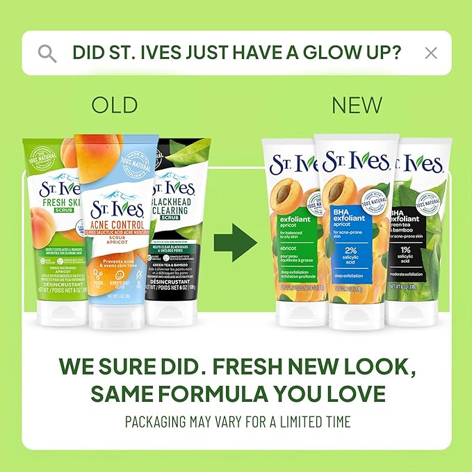 St. Ives Facial Scrub Variety 2-Pack – Fresh Skin Apricot + Blackhead Clearing Green Tea, Exfoliating Face Scrubs, 6 Oz Ea