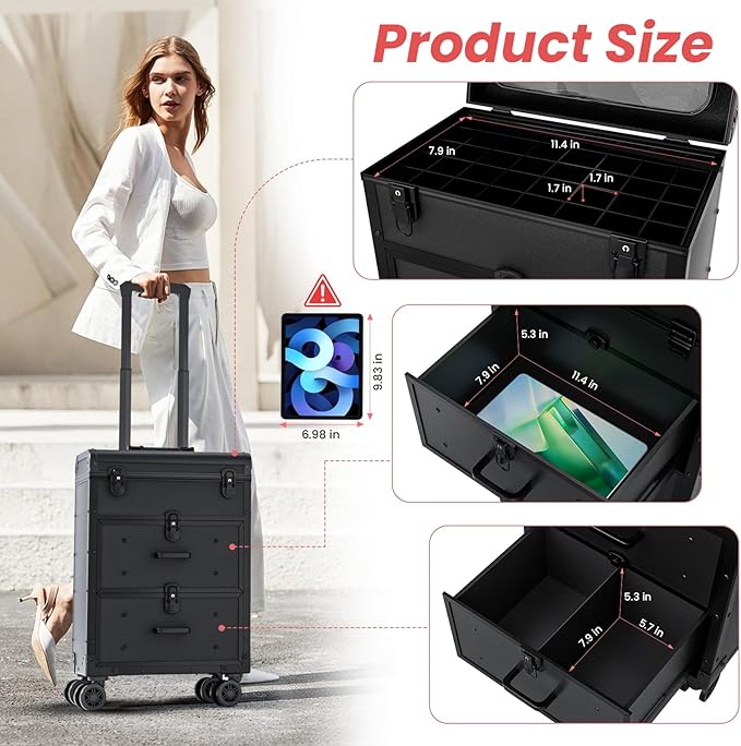 ALUROICE Large Rolling Makeup Train Case, Professional Travel Cosmetology Case on Wheels with Drawers, 3 Tiers Nail Organizers Storage Case for Nail Tech, Tattoo, Hairstylist, Makeup, Large