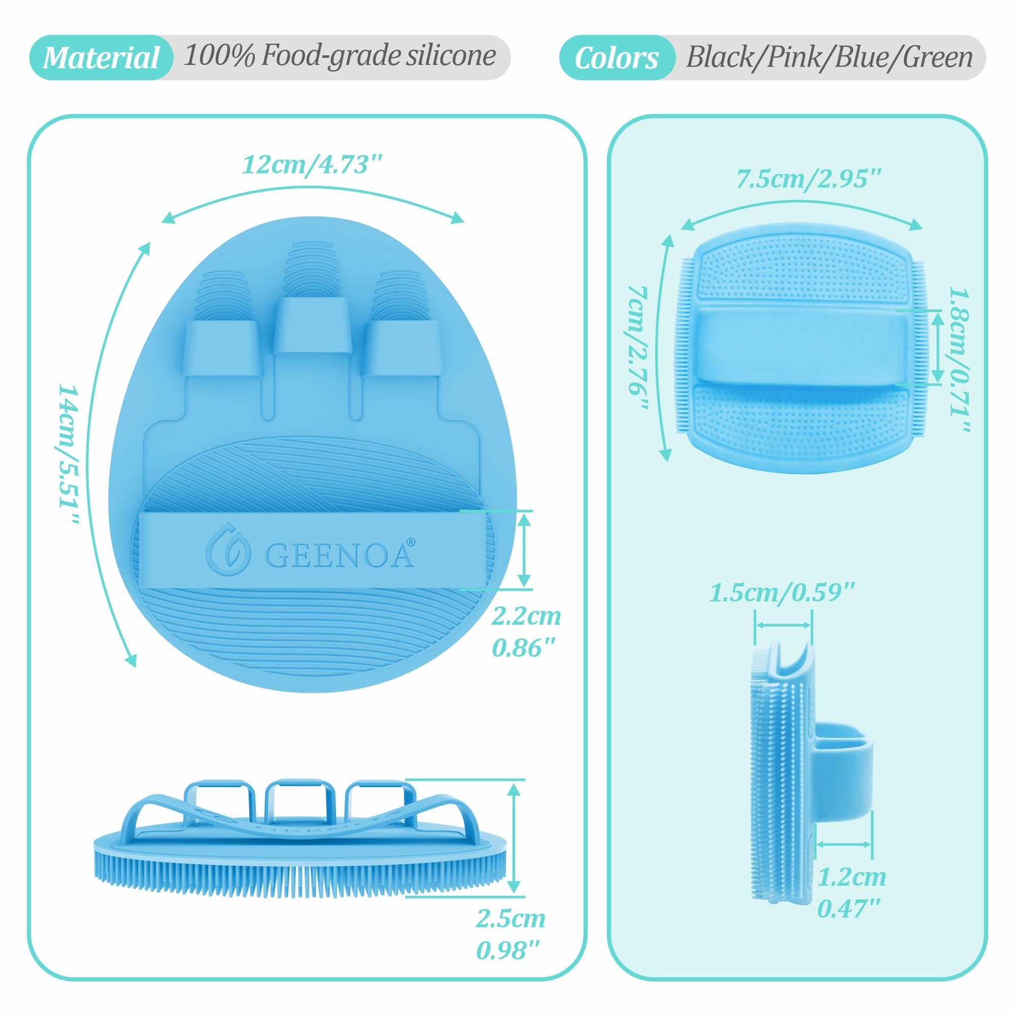 GEENOA Silicone Bath Glove & Face Scrubber Set 2PCS, 360° Anti-Slip & Hand-fit Body Scrubber for Rich Foaming Deep Cleaning, Unique Facial Scrubber with Side-bristles for Contoured Areas.(Blue)