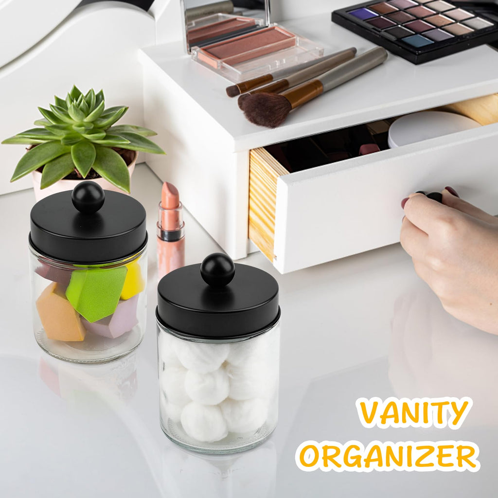 Goramio 4 Pack Glass Apothecary Jars with Lids for Bathroom, Cute Qtip Holder, Black Bathroom Accessories Set, Small Bathroom Canisters with Lids for Q-Tips, Cotton Swabs, Black Bathhouses Decor